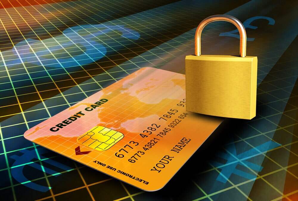 Credit card travelling through a secure connection. Digital illustrations